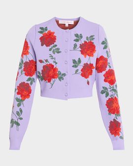 Carolina Herrera Rose Jacquard Crop Crewneck Cardigan