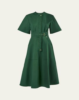 Carolina Herrera Short-Sleeve Belted Cotton A-Line Midi Dress