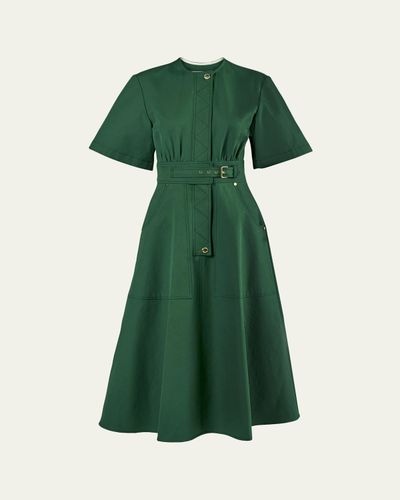 Carolina Herrera Short-Sleeve Belted Cotton A-Line Midi Dress