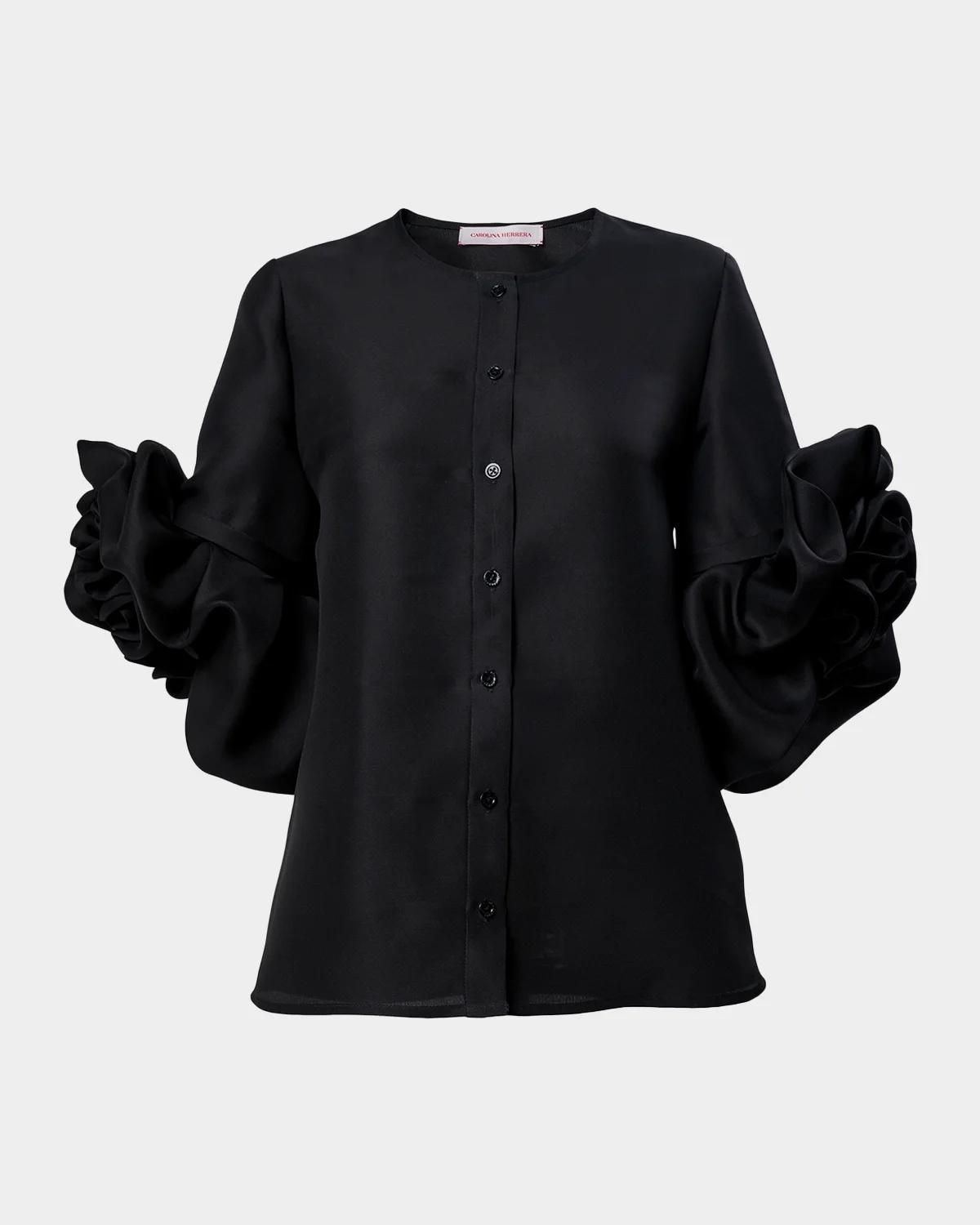 Carolina Herrera Silk Gazar Rosette-Sleeve Blouse