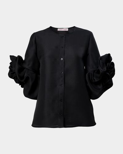 Carolina Herrera Silk Gazar Rosette-Sleeve Blouse