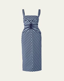 Carolina Herrera Sleeveless Striped Gathered-Waist Midi Dress