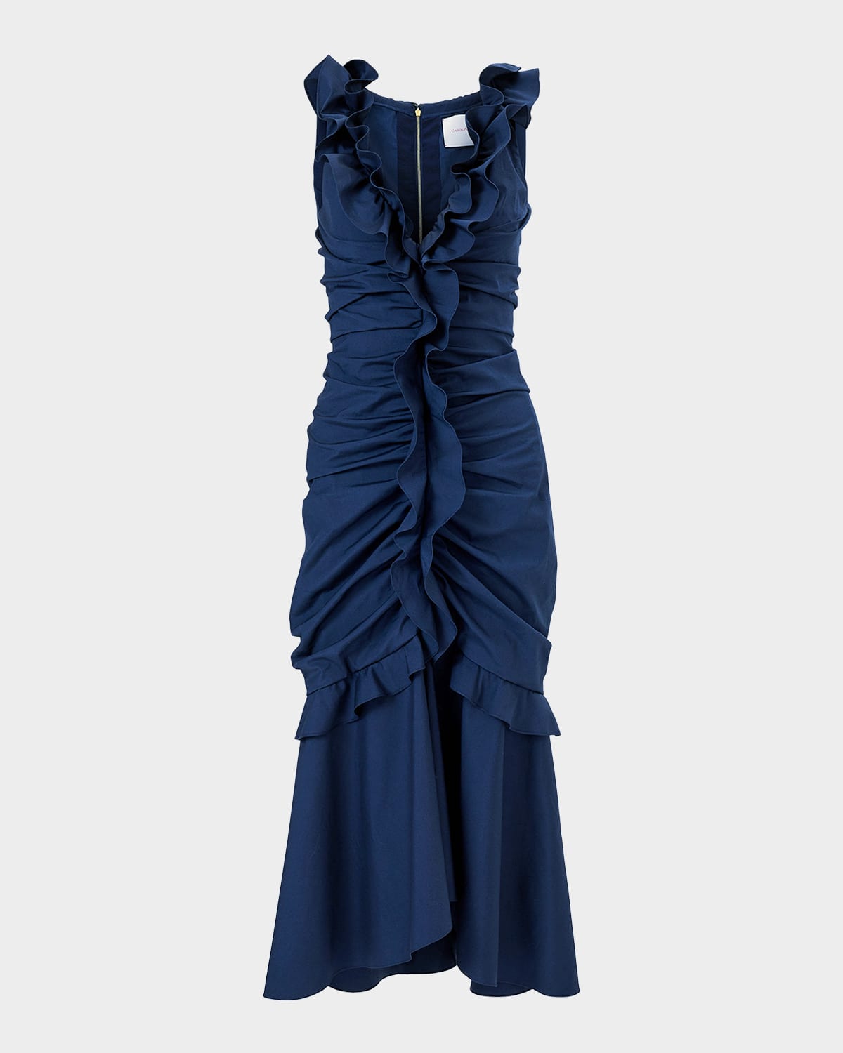 Carolina Herrera Sleeveless V-Neck Ruched and Ruffled Midi Dress