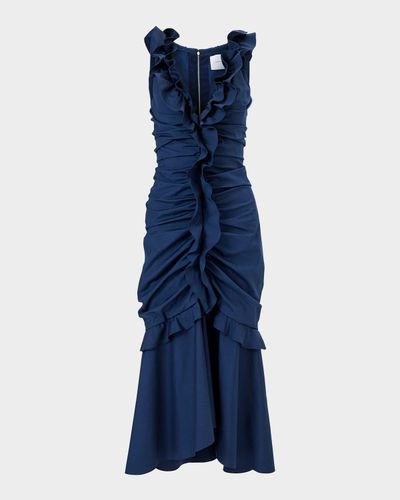 Carolina Herrera Sleeveless V-Neck Ruched and Ruffled Midi Dress