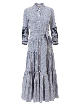 Carolina Herrera Women's Cabana Embroidered-Sleeve Belted Cotton Midi Shirtdress