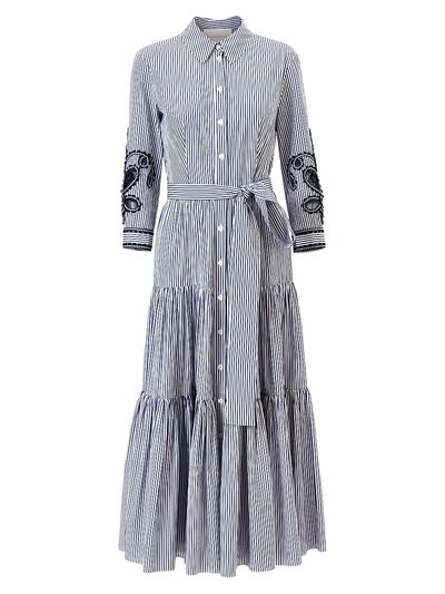 Carolina Herrera Women's Cabana Embroidered-Sleeve Belted Cotton Midi Shirtdress