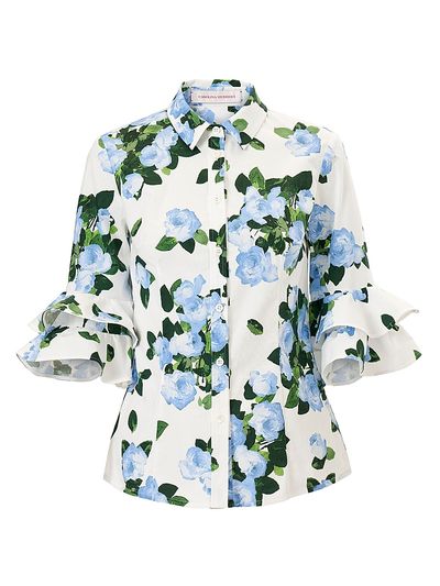 Carolina Herrera Women's Cabana Floral Ruffle-Sleeve Stretch-Cotton Top