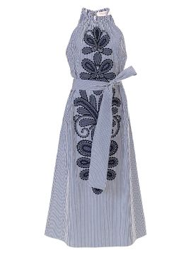 Carolina Herrera Women's Cabana Striped & Embroidered Halterneck Belted Cotton Midi-Dress