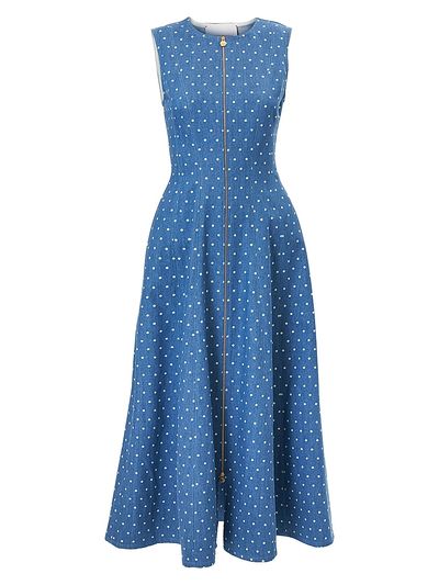 Carolina Herrera Women's Polka-Dot Denim Zip-Front Midi-Dress