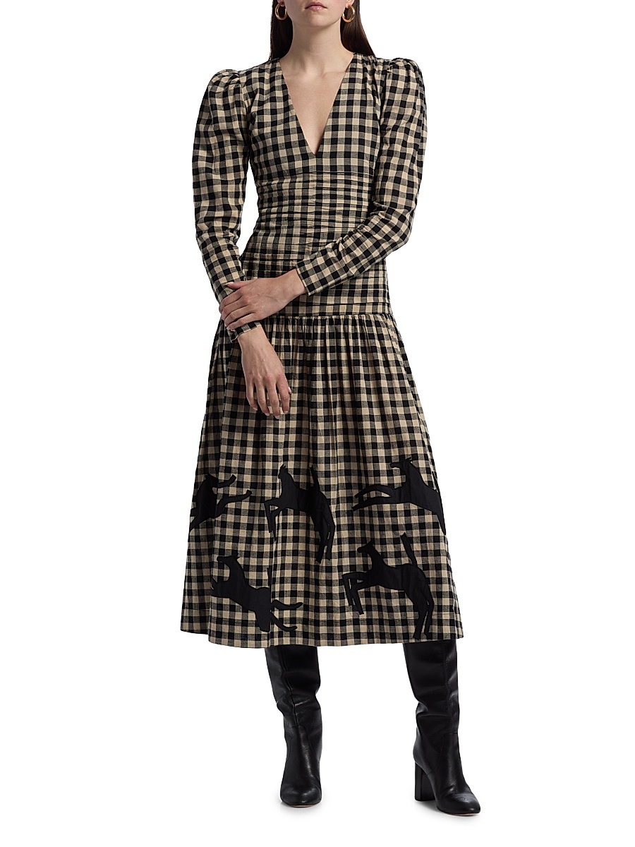 knee length dresses for ladies Black Plaid Malika Midi Dress
