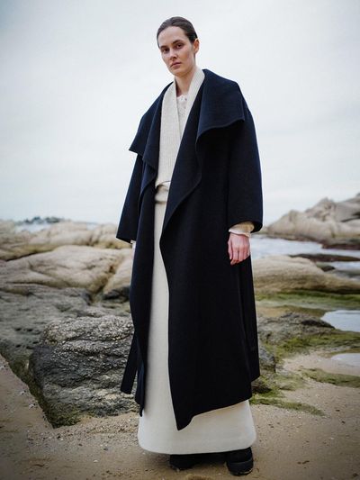 Carriere Cashmere Blend Handmade Drape Button Neck Coat [Indigo]