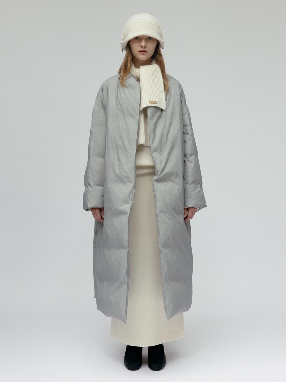Carriere Down Collarless Belted Long Coat [Grey]