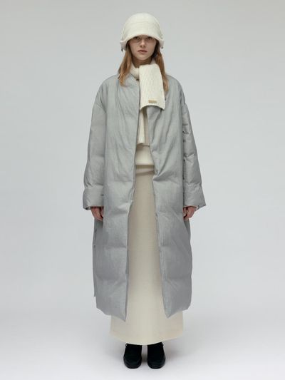 Carriere Down Collarless Belted Long Coat [Grey]