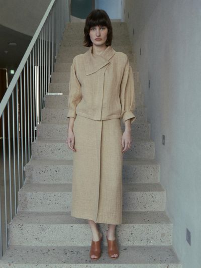 Carriere LINEN BELTED SLIT SKIRT - GOLD BEIGE