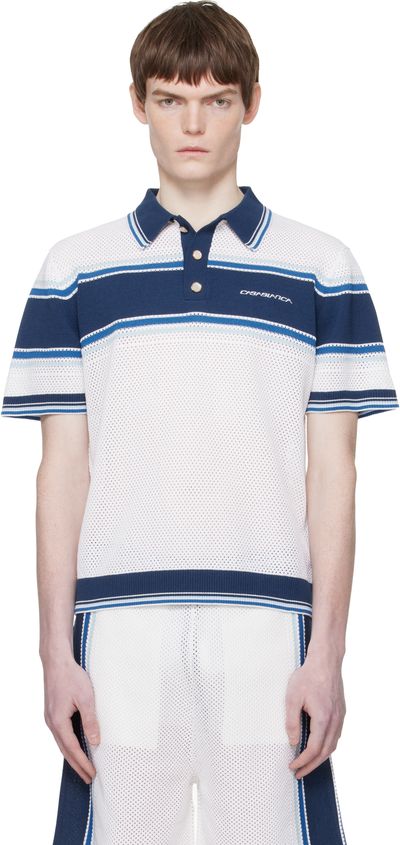 Casablanca Casablanca White & Blue Striped Mesh Short Sleeve Polo