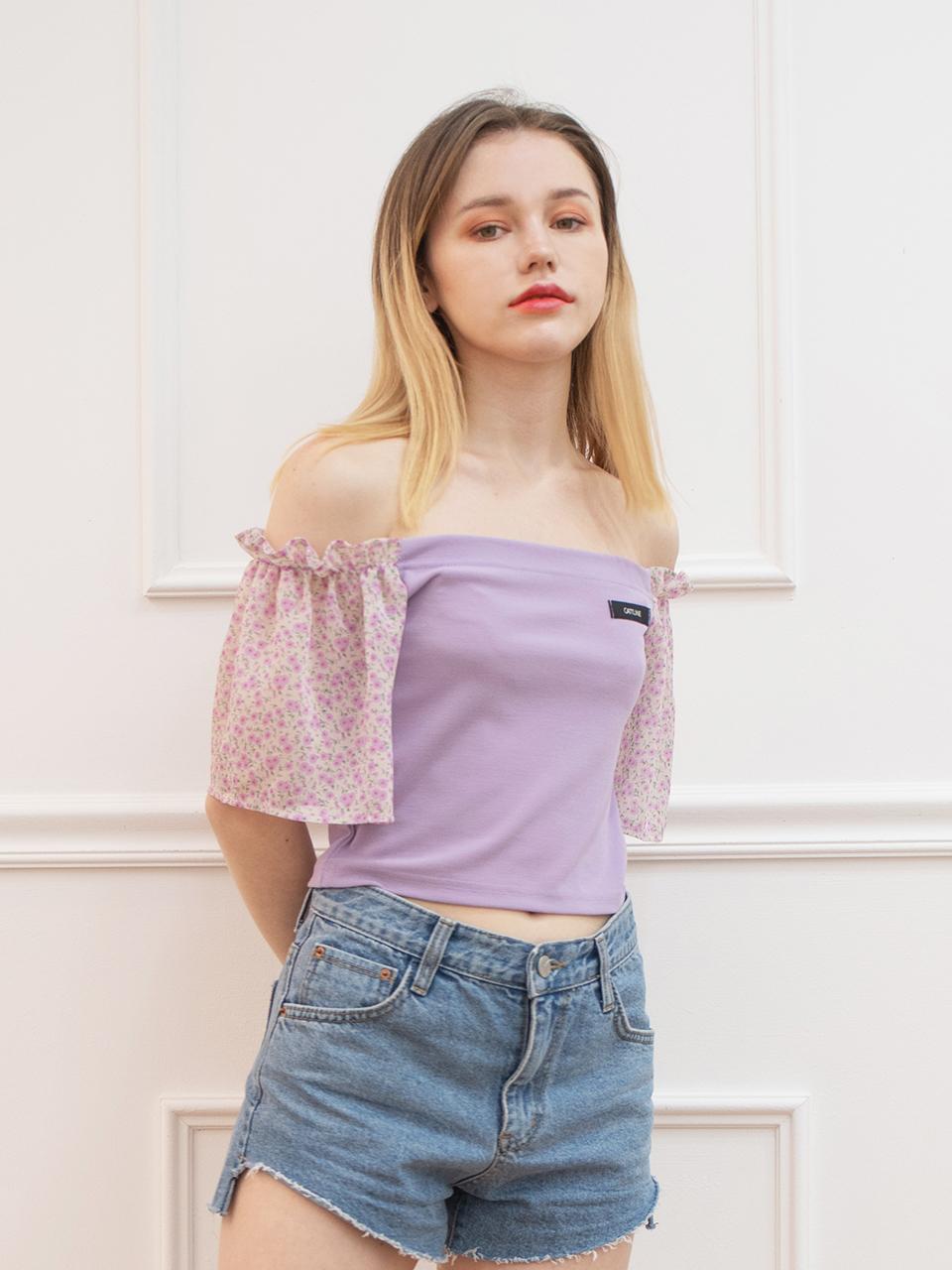 CATTLINE chiffon shirring crop t - shirt purple
