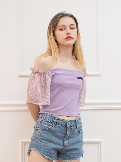 CATTLINE chiffon shirring crop t - shirt purple