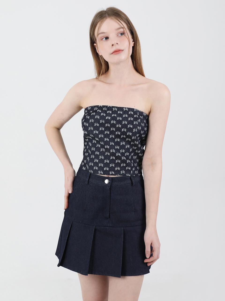 CATTLINE Denim Ribbon Crop Top Dark Blue