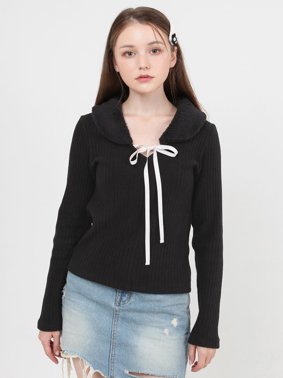 CATTLINE fur collar knit shirt (black)