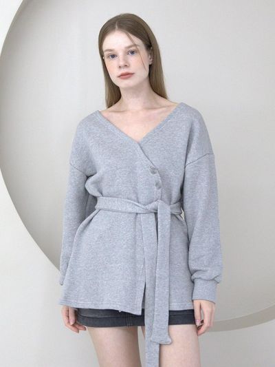 CATTLINE Offshoulder Wrap Strap Cardigan Gray