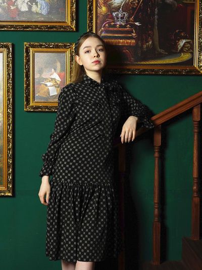 CATTLINE ribbon neck shirring onepiece black