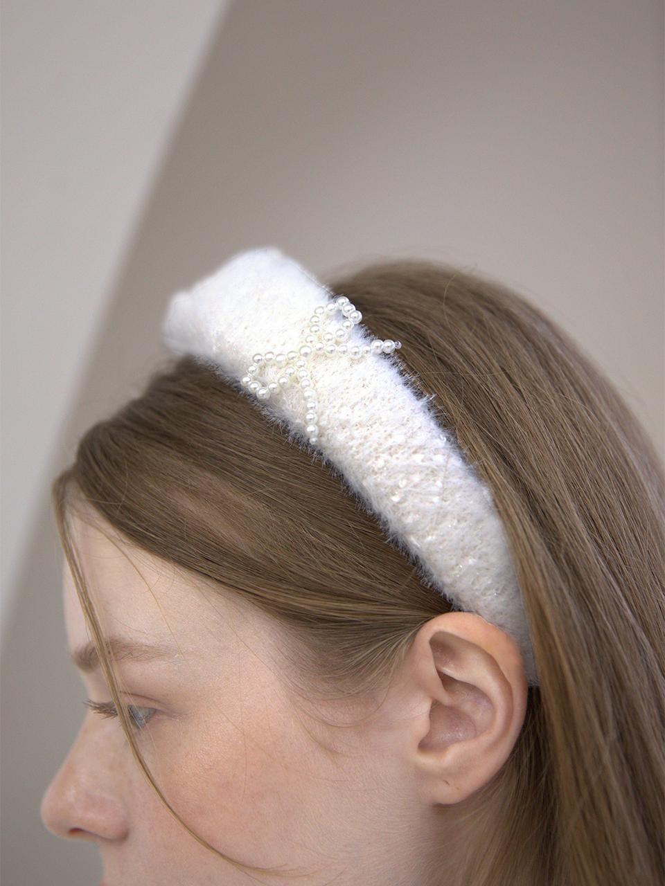 CATTLINE Ribbon Pearl Fur Hairband White