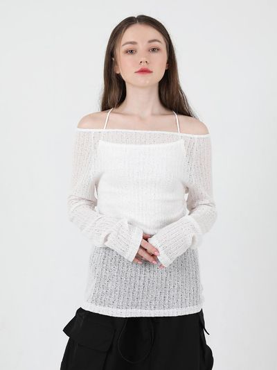 CATTLINE See Throught Back Slit Long Sleeve Knit (White)