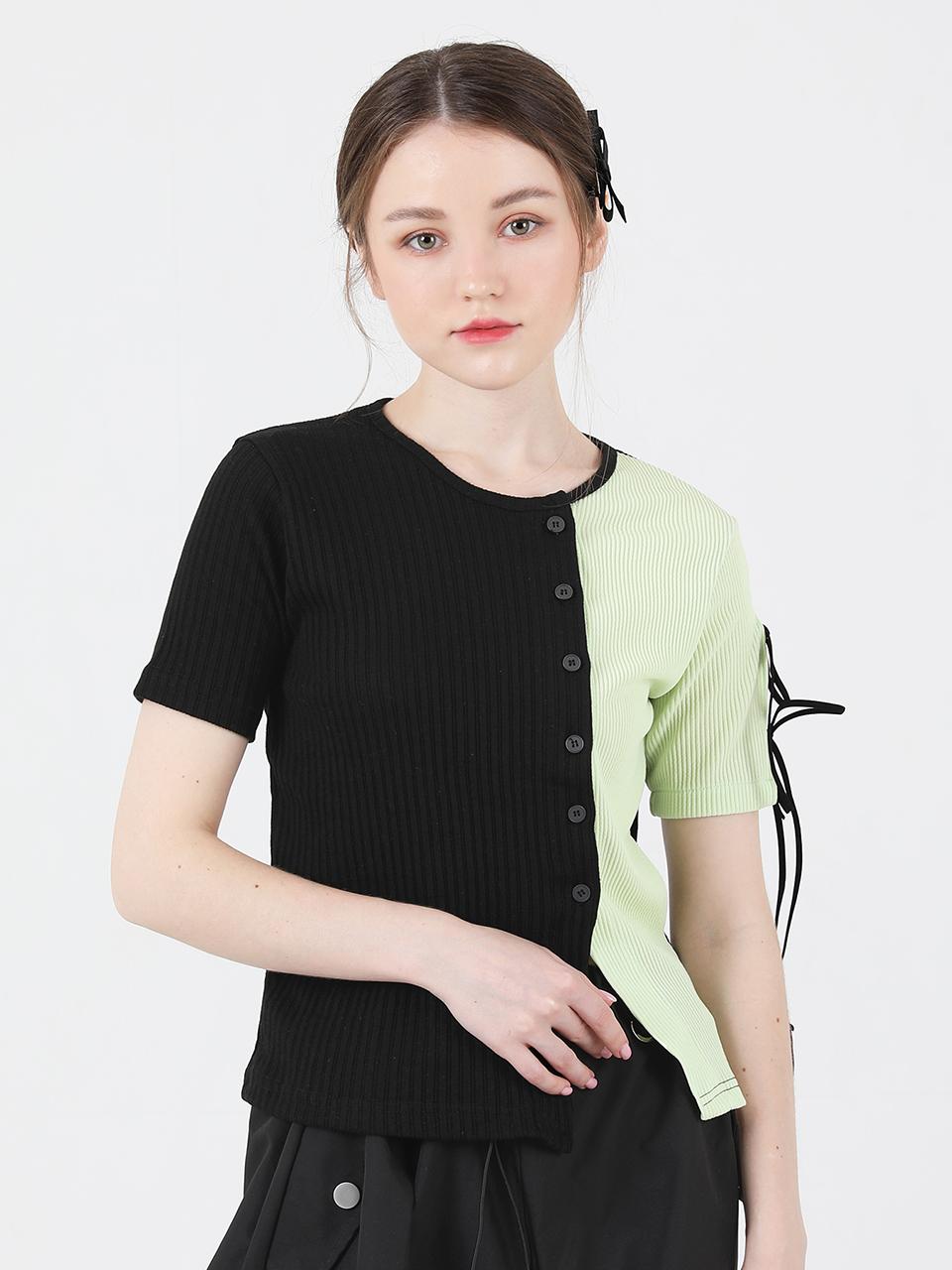 CATTLINE Slit Ribbon Half Sleeve T shirt (Green)