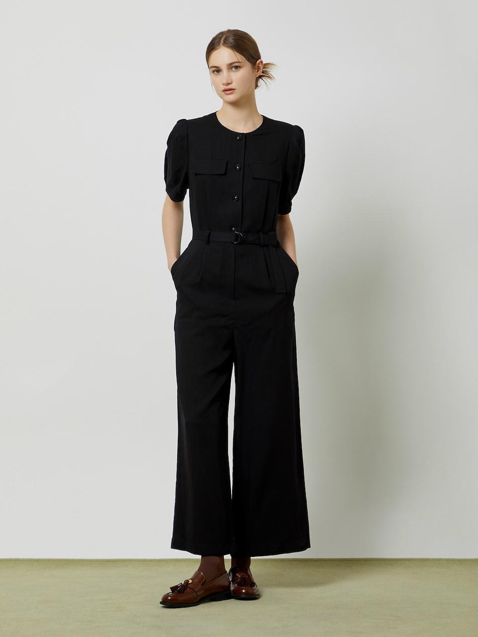CC collect Belted Half Sleeve Wide-Fit Jumpsuit BK_C243MSE011
