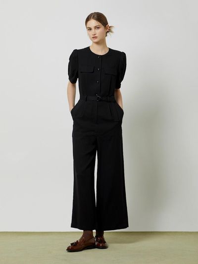 CC collect Belted Half Sleeve Wide-Fit Jumpsuit BK_C243MSE011