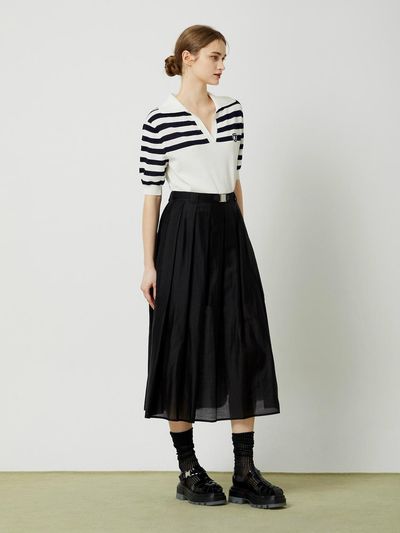 CC collect Belted Long Pleated Skirt - Black