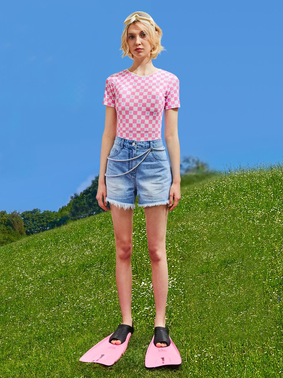 CC collect Checkerboard Half Sleeve Swimsuit - Pink