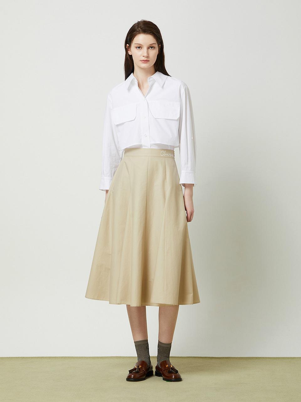 CC collect Embroidered Lettering Banded Flare Skirt - Beige