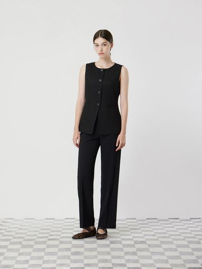 CC collect Linen Blend Round Neck Vest Blouse [BK] (C252MSB032)