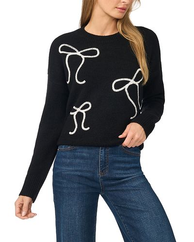 Cece CeCe Bow Embroidery Crewneck Long Sleeve Sweater