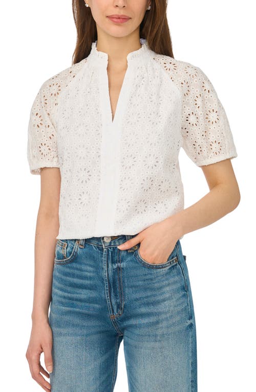 CeCe CeCe Broderie Anglaise Ruffle Spilt Neck Top