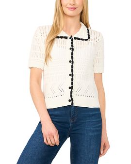 Cece CeCe Collared Short Sleeve Pointelle Cardigan