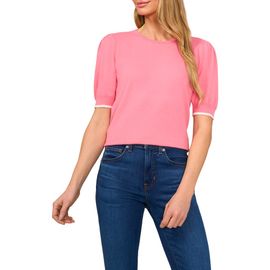 CeCe CeCe Contrast Edge Puff Sleeve Cotton Sweater