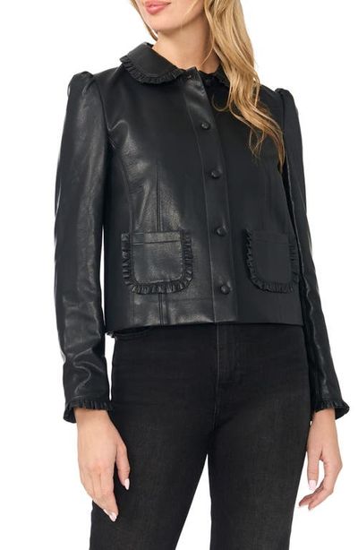 CeCe CeCe Crop Ruffle Trim Faux Leather Jacket