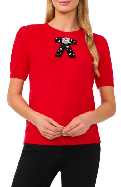 CeCe CeCe Embellished Velvet Bow Short Sleeve Sweater