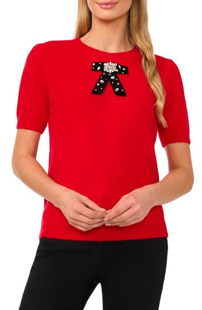 CeCe CeCe Embellished Velvet Bow Short Sleeve Sweater