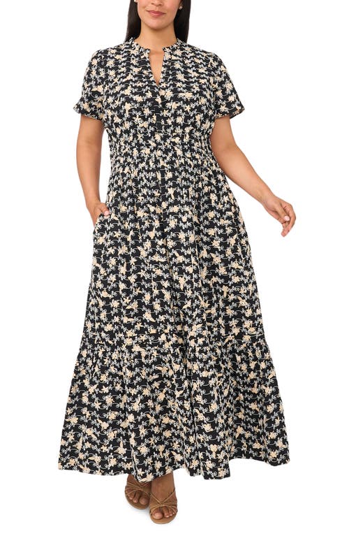 CeCe CeCe Embroidered Split Neck Tiered Cotton Maxi Dress