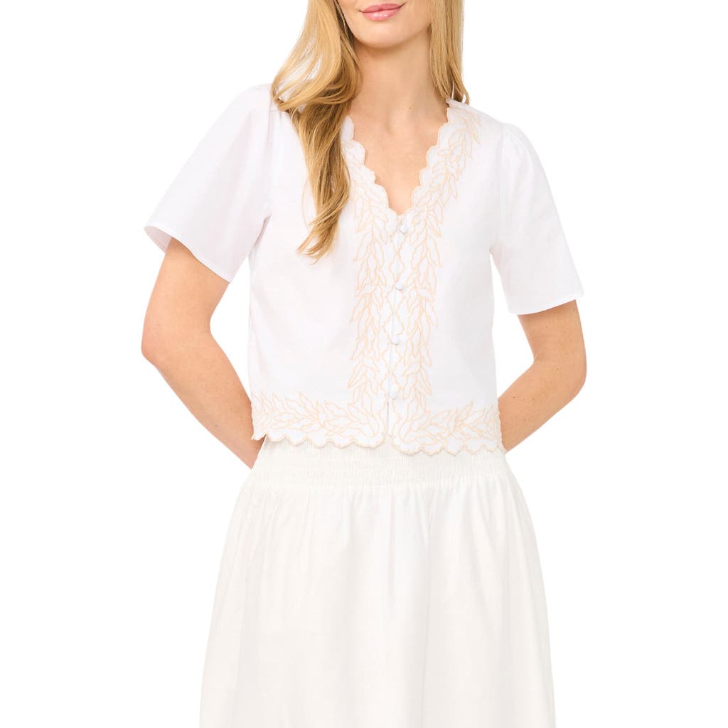 CeCe CeCe Embroidered V-Neck Crop Stretch Cotton Button-Up Shirt