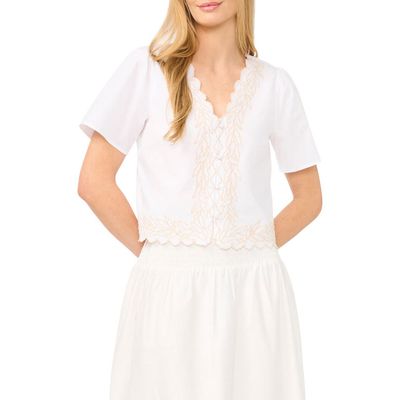 CeCe CeCe Embroidered V-Neck Crop Stretch Cotton Button-Up Shirt