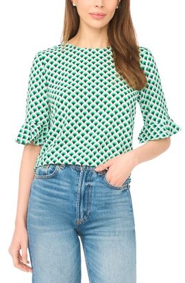 CeCe CeCe Fan Print Ruffle Cuff Top