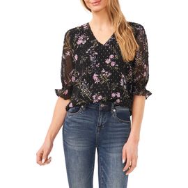 CeCe CeCe Floral Clip Dot Chiffon Top