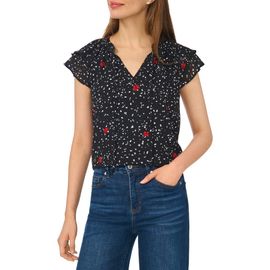 CeCe CeCe Floral Dot Flutter Sleeve Split Neck Top