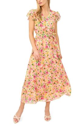 CeCe CeCe Floral Flutter Sleeve Tie Belt Maxi Dress
