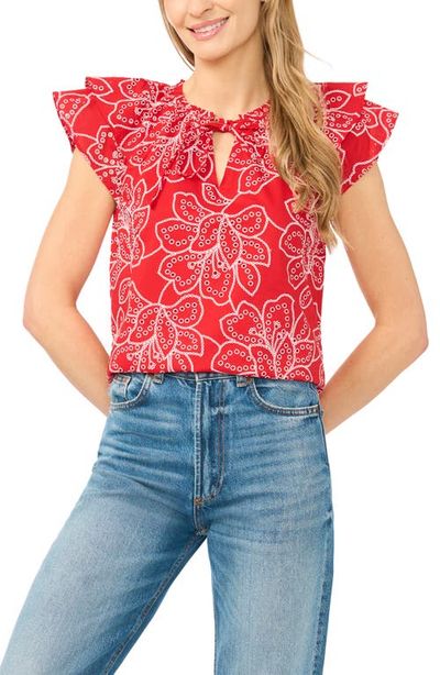 CeCe CeCe Floral Flutter Sleeve Tie Neck Top