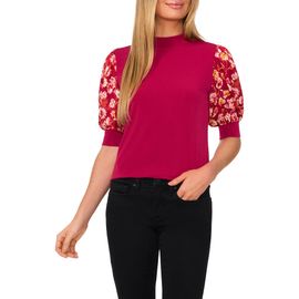 CeCe CeCe Floral Puff Sleeve Mock Neck Top